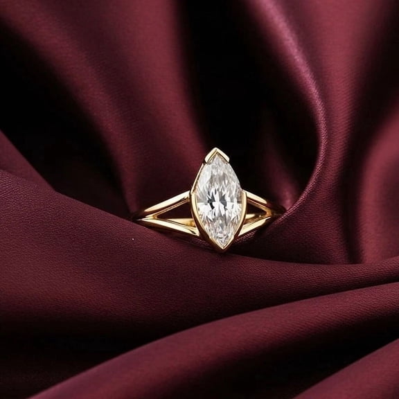 Jewelerix Half Bezel Marquise Cut Engagement Ring 10K Vermeil Yellow Gold Solitaire Promise Ring 1.5 CT Moissanite Split Shank Wedding Ring