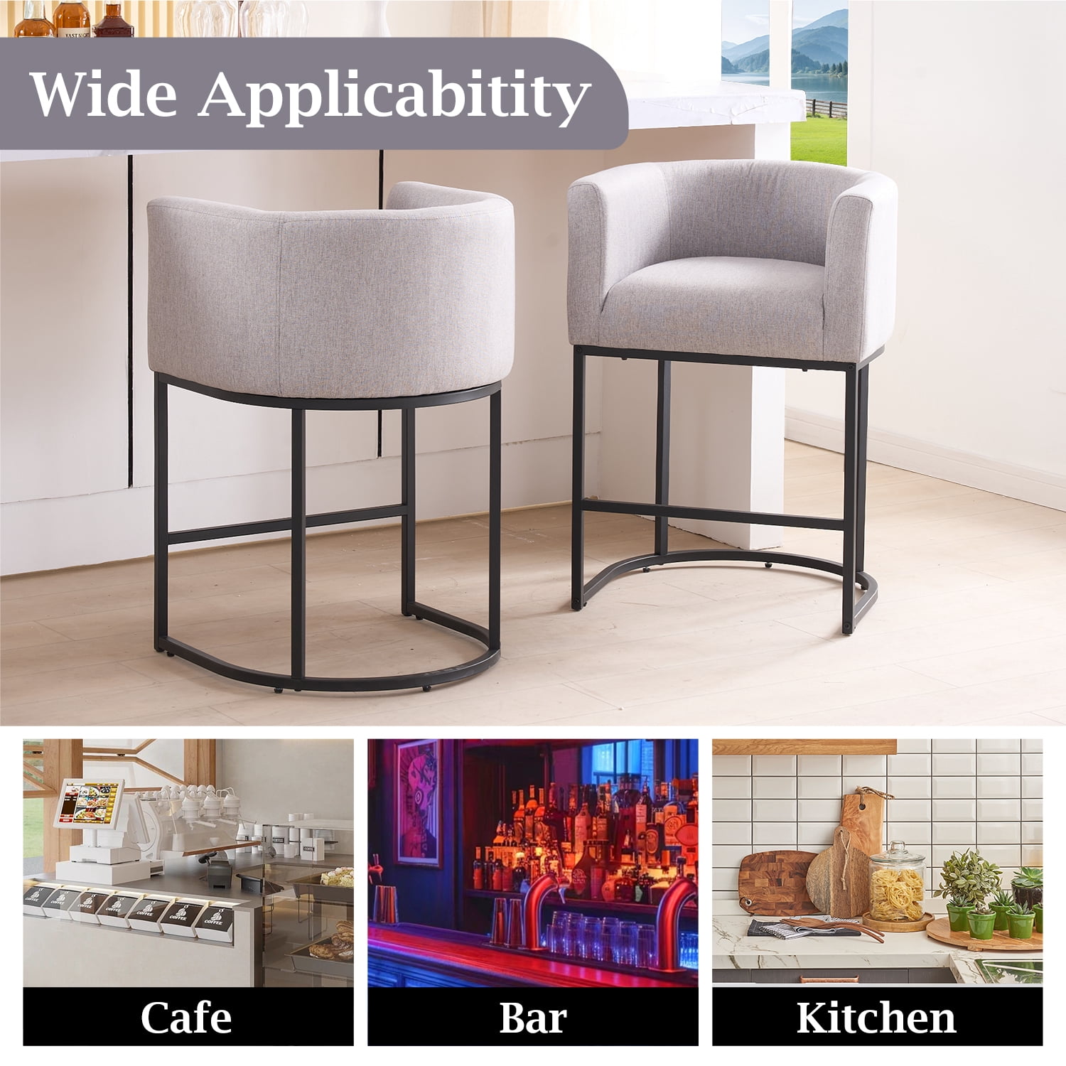 FANCROU 26" H Counter Height Bar Stools Set of 4, Fabric Barrel Stools with Back and Arms, Lightgrey-Black Leg