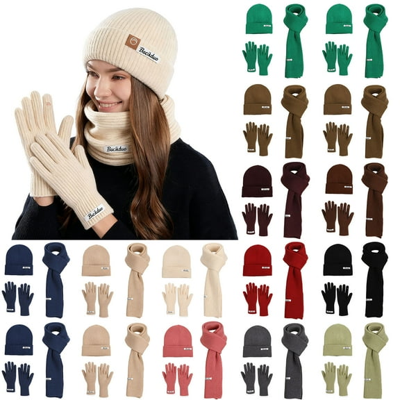 jobturf Winter Hats for Women Thickened Warm Beanie Scarf Gloves 3 Piece Outfits Soft Cozy Ribbed Knit Ski Cap Neck Warmer and Glove Set