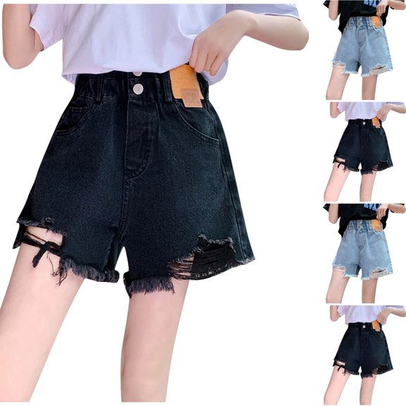 Eltusu Girls Denim Shorts, Casual Summer Fashion Elastic Waistband Jean Shorts Black Size 5-16 T