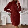 thumbnail image 6 of CharmCyan Women’s Turtleneck Long Sleeve Cable Knit Sweater Dress Pullover Casual Loose Fit Winter Knitwear Jumper Dress Wine S, 6 of 6
