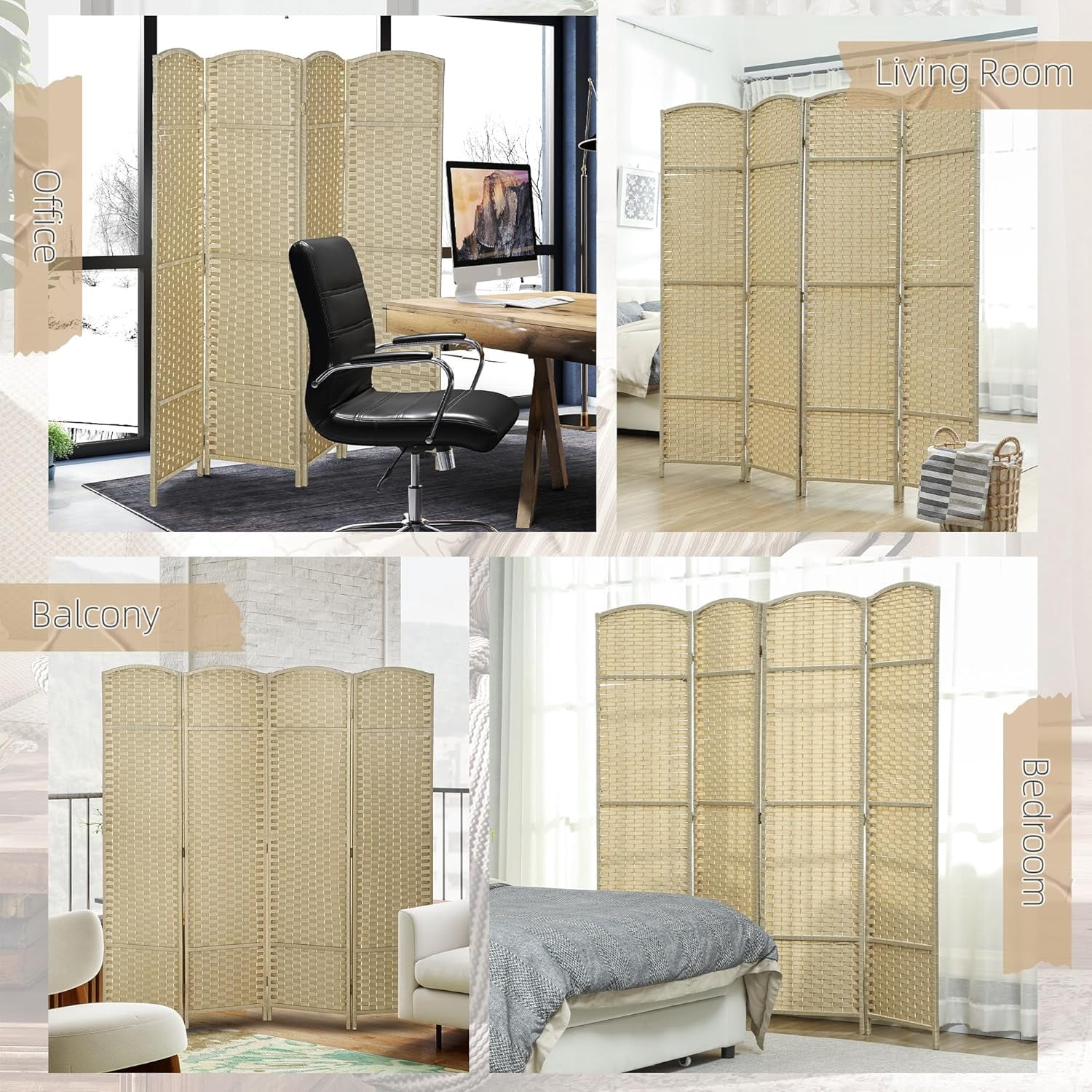 NIUMU Room Divider, 4 Panel Folding Privacy Screen, 5.6' Tall Freestanding Partition for Home Office, Bedroom, Beige