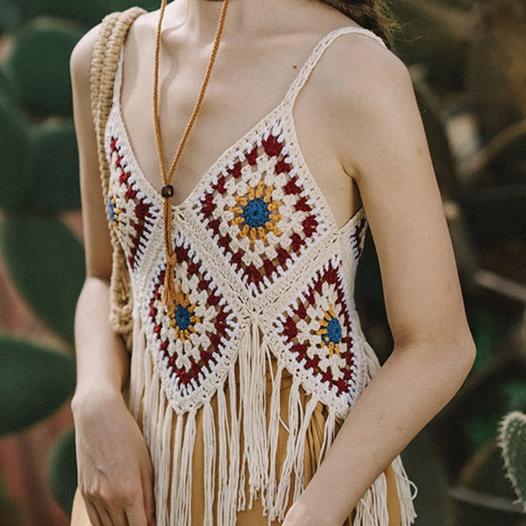 Floerns Women's Boho Fringe Cropped Cami Top - Spaghetti Strap, Button Front, Non-Stretch Fabric