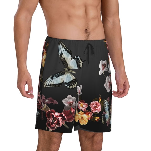 Picia Butterfly with Fowers Pajama Shorts for Men, Men's Pajama Bottoms, Sleepwear,Short Pajama Pants-XX-Large