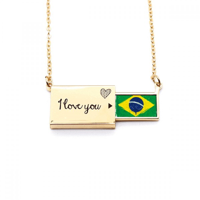 Pintado a mano de la bandera de Brasil Brasil Sobre de carta de amor, collar y joyas colgantes
