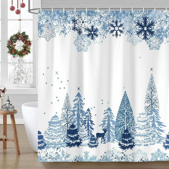 Christmas Shower Curtain Winter Blue Snowflake Bath Curtain, Winter Forest Deer Snowy Countryside Landscape Pine Tree Bathroom Accessories, Winter Holiday Bathtub Decor Shower Curtain 72X72IN
