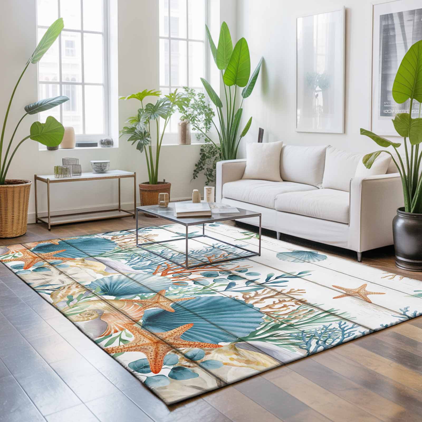 Large Area Rugs 6'x9', Teal Blue Coastal Carpet Runner Indoor Outdoor Rugs Home Decor Aesthetic, Summer Beach Starfish Shell Coral Nautical Vintage Non Slip Mats Accent Rug for Living Room Bedroom
