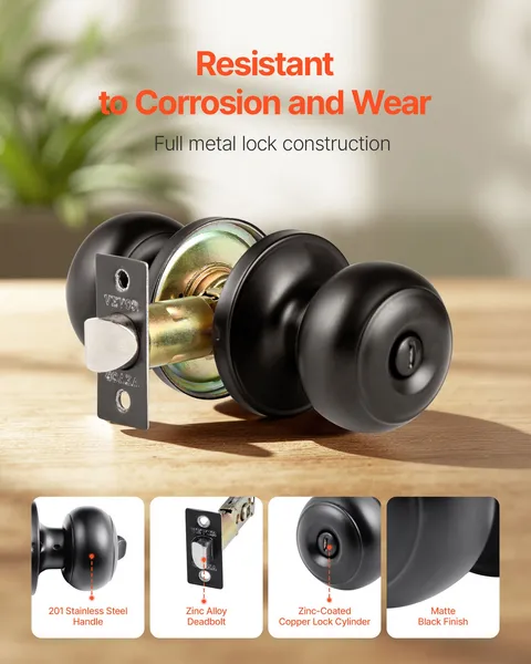 6 Pack Matte Black Door Knobs,Keyless Privacy Knobs with Round Ball and Thumb Turn Lock,Durable All-Metal Hardware for Modern Bedroom and Bathroom Decor