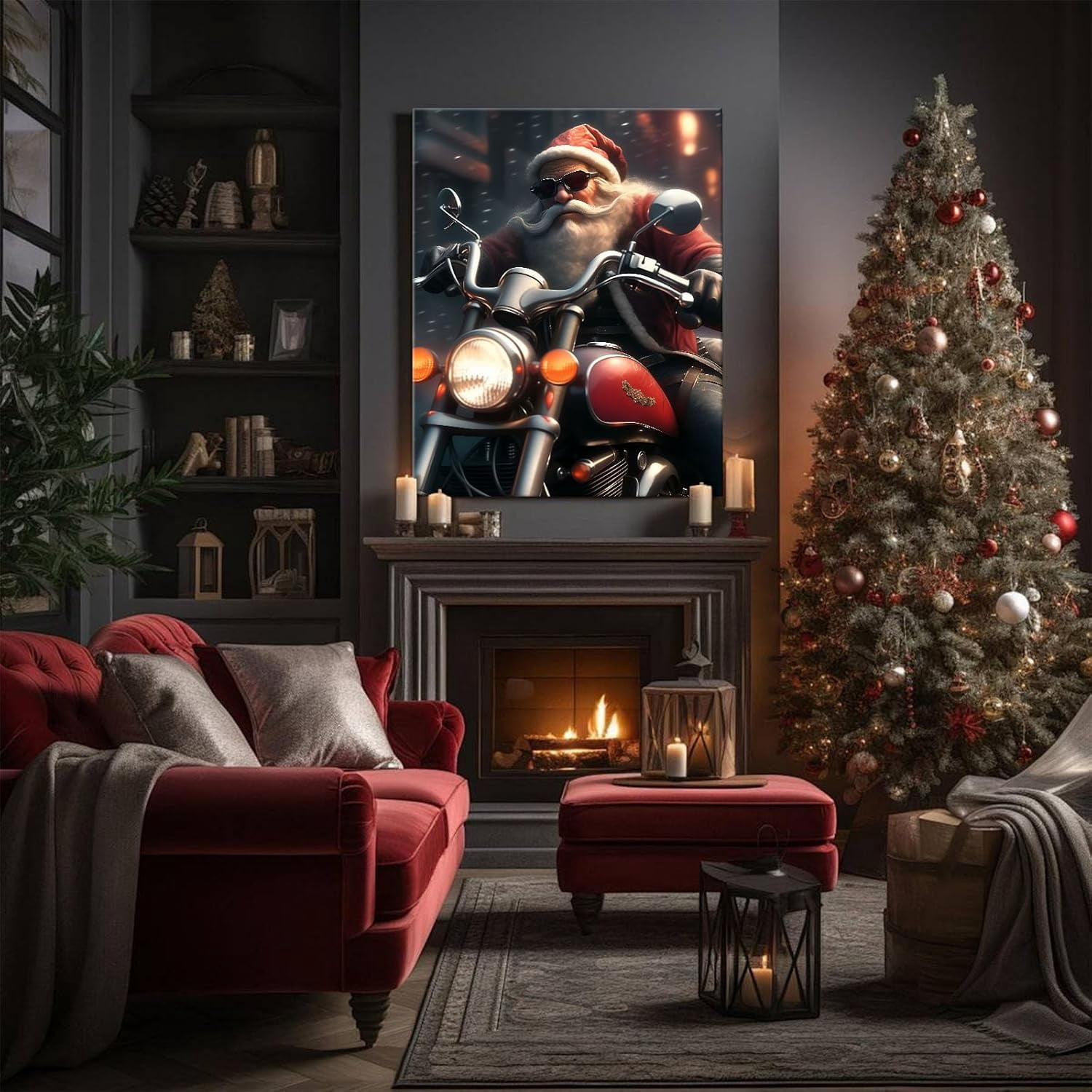 Christmas Cool Santa on Motorcycle Canvas wall art decor, Festive Wall Art for Living Room or Office, Unique Holiday Decor to Add a Fun and Modern Twist to Your Christmas Decorations 16X20inch