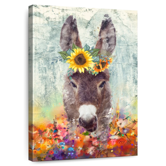 Elephant Stock Donkey Floral Crown Wall Art - Vertical Canvas Wall Art - Living Room Wall Decor - Animal Canvas - Beige And Gray Decor - 8" x 12"