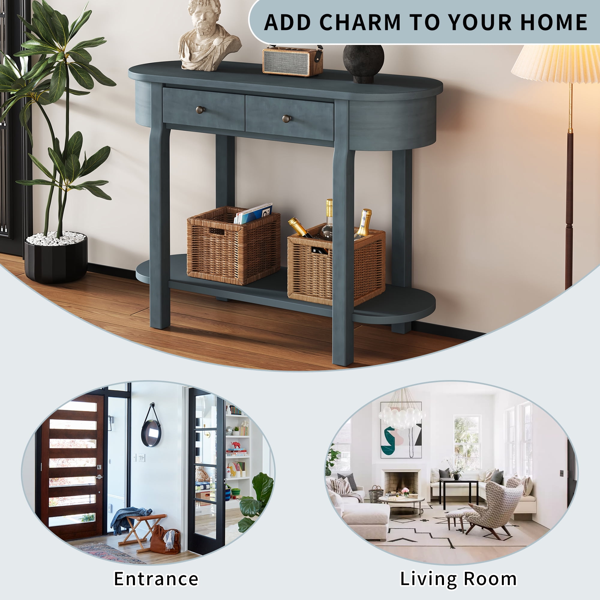 EUROCO 40" Narrow Console Table,Retro Entryway Table with Open Storage Shelf, 2 Drawers and Corner-Curved Design,Sofa Table Behind Couch for Entryway, Hallway and Living Room,Navy