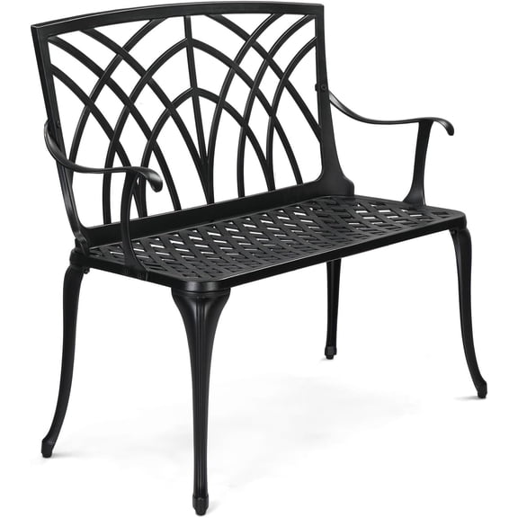 38" Outdoor Metal Bench, Cast Aluminium Garden Bench, Weatherproof Antique Finish Orchid Chair, 1-2 Person Seat Deck Furniture for Porch Entryway Patio (Black)
