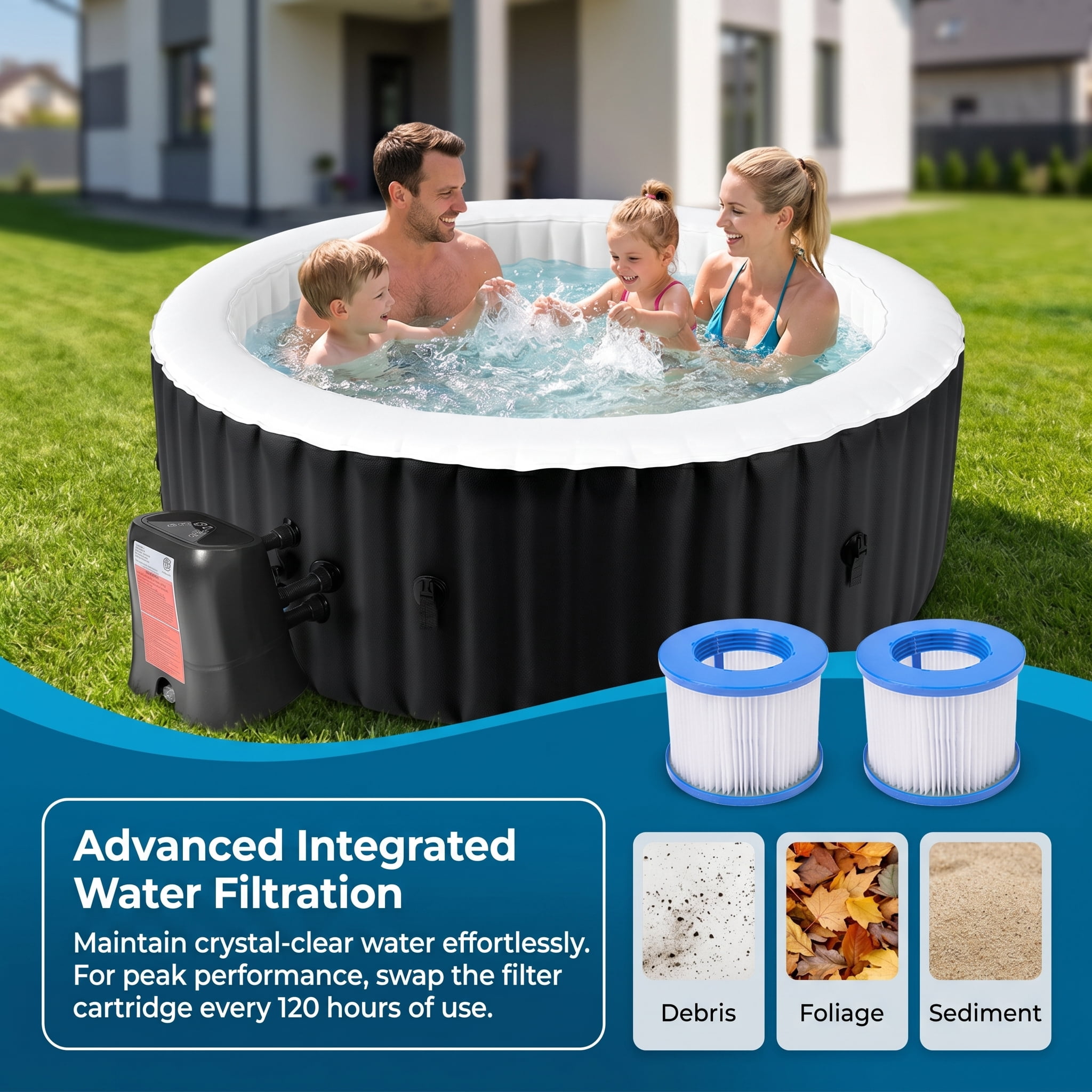 Ficisog Air Jet Inflatable Hot Tub for 2-4 Person, Portable Outdoor Blow Up Tub with Heater Pump and Insulated Cover, Round Family SPA Hot Tub, 211 Gallons, 110 Soothing Jets, 71" L X 71" W X 25" H