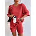 thumbnail image 3 of Conjunto De Dos Piezas Acanalado Sólido, Camiseta Extragrande De Cuello Redondo Y Pantalones Cortos Ajustados, Ropa De Mujer, 3 of 4