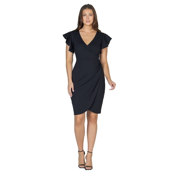 24seven Comfort Apparel Womens V Neck Ruffle Sleeve Knee Length Dress-R0066303-BLAC-L