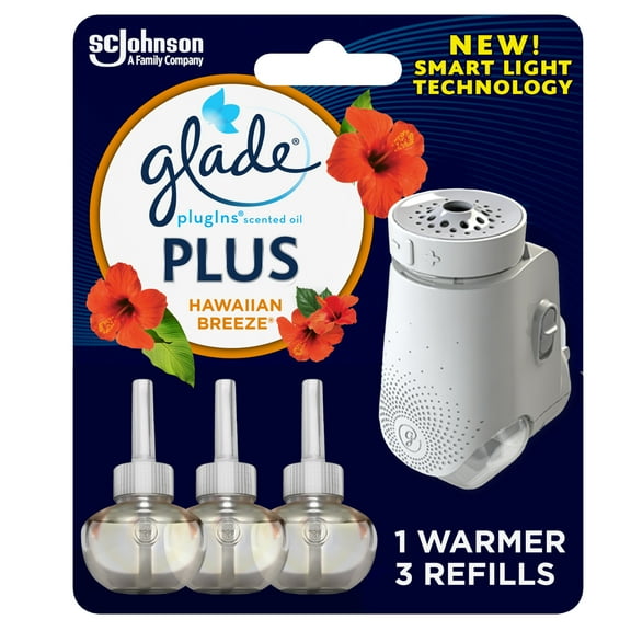 Glade PlugIns Plus, Air Freshener Starter Kit, Hawaiian Breeze, 1 Warmer and 3 Refills, 2.01 fl oz
