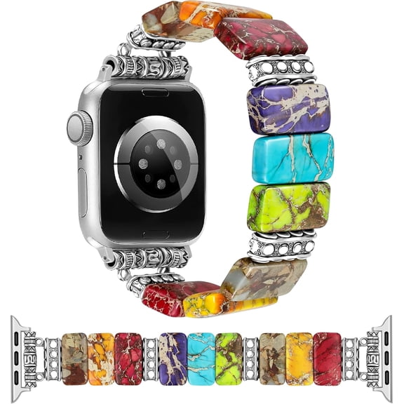 Beaded Natural Stone Bracelet Band Women Compatible with Apple Watch 38/40/41/42mm(S10) Boho Handmade Elastic Western Vintage Imperial Stone Strap for iWatch Series 10/9/8/7/6/5/4/3/2/1/SE
