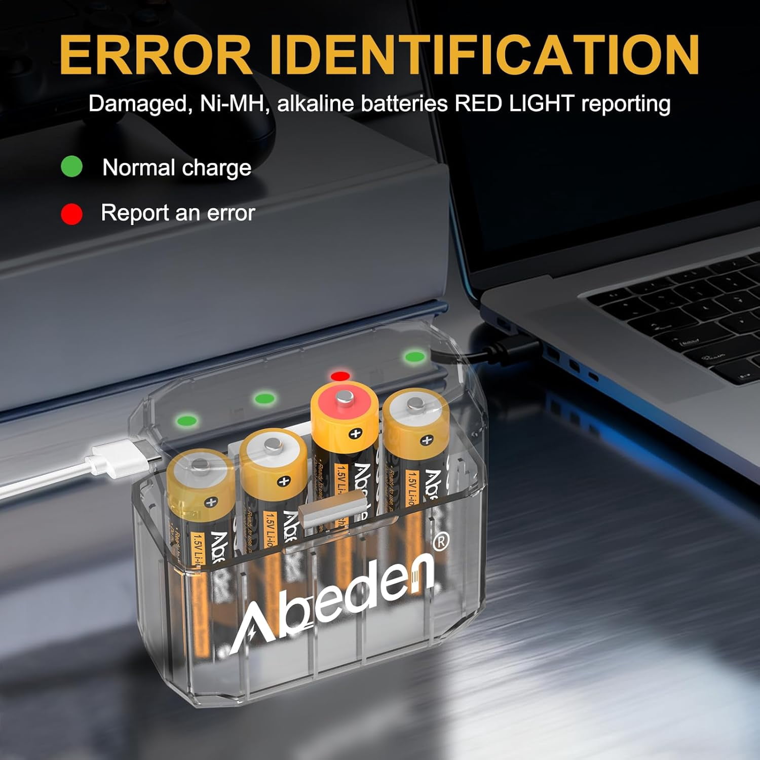 Abeden Rechargeable AA Batteries with Fast Charger, 4Pack 3500mWh 1.5V Lithium Double A Batteries,High Capacity,2000+ Cycles Long-Lasting,Black