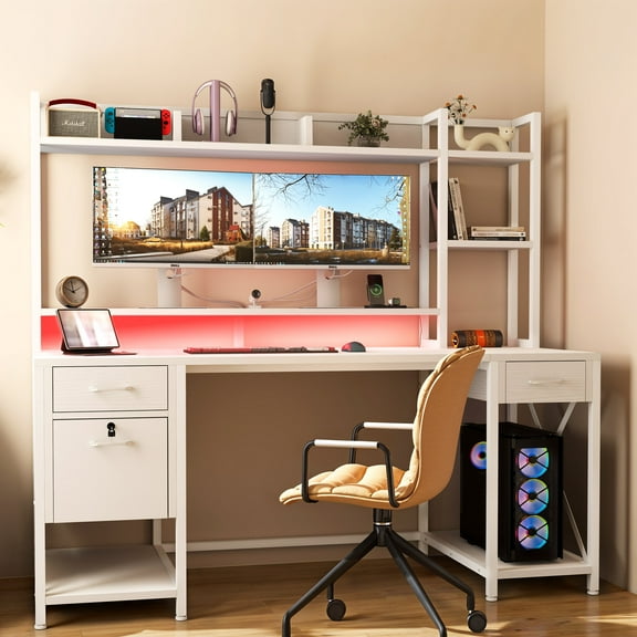 ModFusion 59" Computer Desk with Storage Shelves, Hutch, LED Lights & Power Outlets, Home Office Desk with USB Ports, Monitor Stand & 3 Lockable Drawers, White