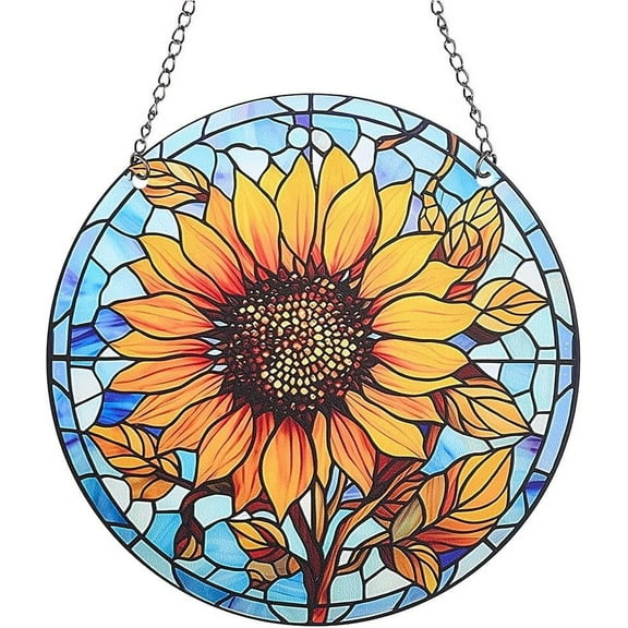 Sunflower Suncatcher Stained Glass Window Hangings Acrylic Suncatcher Panel Decor Yellow Sunflower Decor Stained Glass Sun Catcher for Windows Hangings for Garden Ornament Gift 6x6Inch