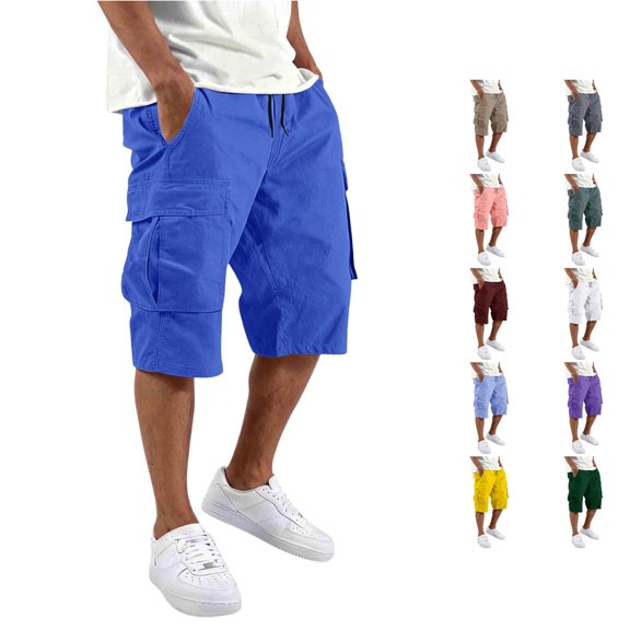 XIAONU Cargo Capri Pants for Men Drawstring Waist Multi Flap Pockets Side Pockets Casual Trousers