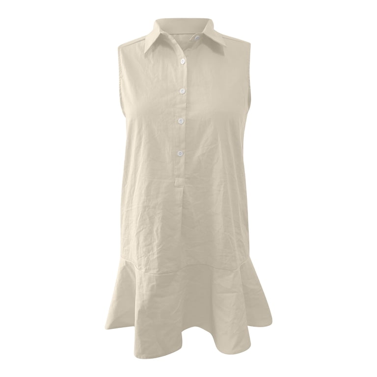 CHUOU Women's Tunic Mini Shirt Dress Cotton Sleeveless Cute Chambray Dress  Button Up Flowy Ruffle Hem Dresses With Pockets - Walmart.com