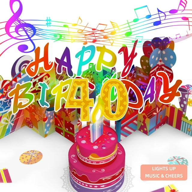 Gumry Tarjeta Emergente De Cumpleaños Musical Número 40 Vela Con Luz Led Soplable Tarjetas 3D Con Canción 'Happy' Aplausos Saludos Sonido Luces Que Cambian De Color Tarjetas De Felicitación Coloridas