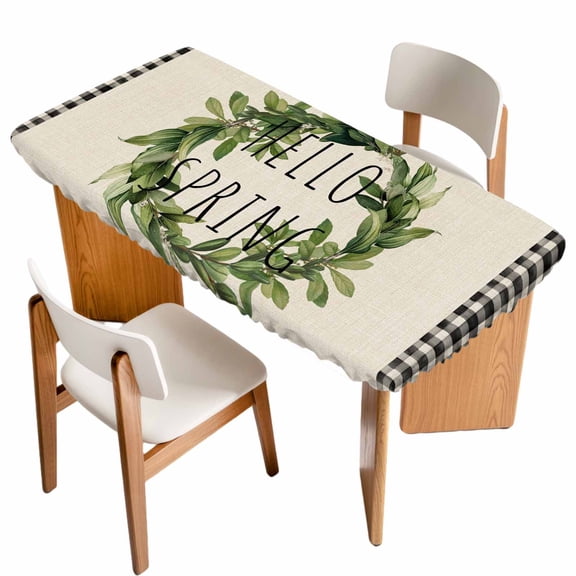 Farmhouse Green Garland Table Cloths for 5 Foot Rectangle Tables, Spring Vintage Black Plaid Beige Patio Waterproof Elastic Fitted Tablecloths, Washable Rectangular Table Cover for Camping