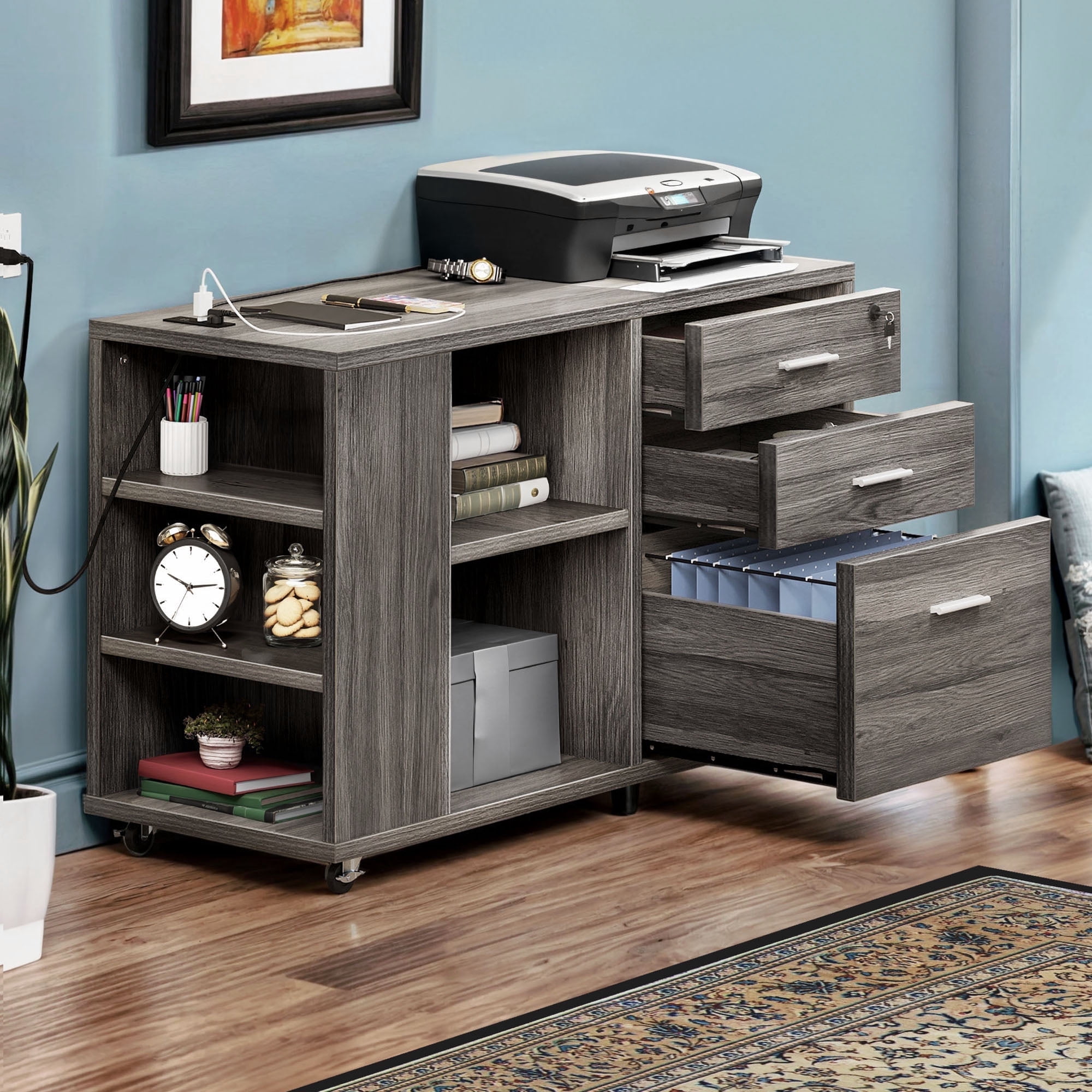 ModFusion File Cabinet with Charging Station, Lockable Drawer Adjustable Storage Shelf, Rolling Wheels with Locks, Wood Printer Scanner Lamp Stand, Rustic Charcoal Gray
