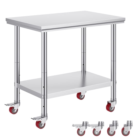 KFFKFF Stainless Steel Work Table 35 x 24 x 33 Inch, 300 lbs Capacity with Wheels, Adjustable Heights, Durable Food Prep Table for Commercial Kitchens and Restaurants, Silver