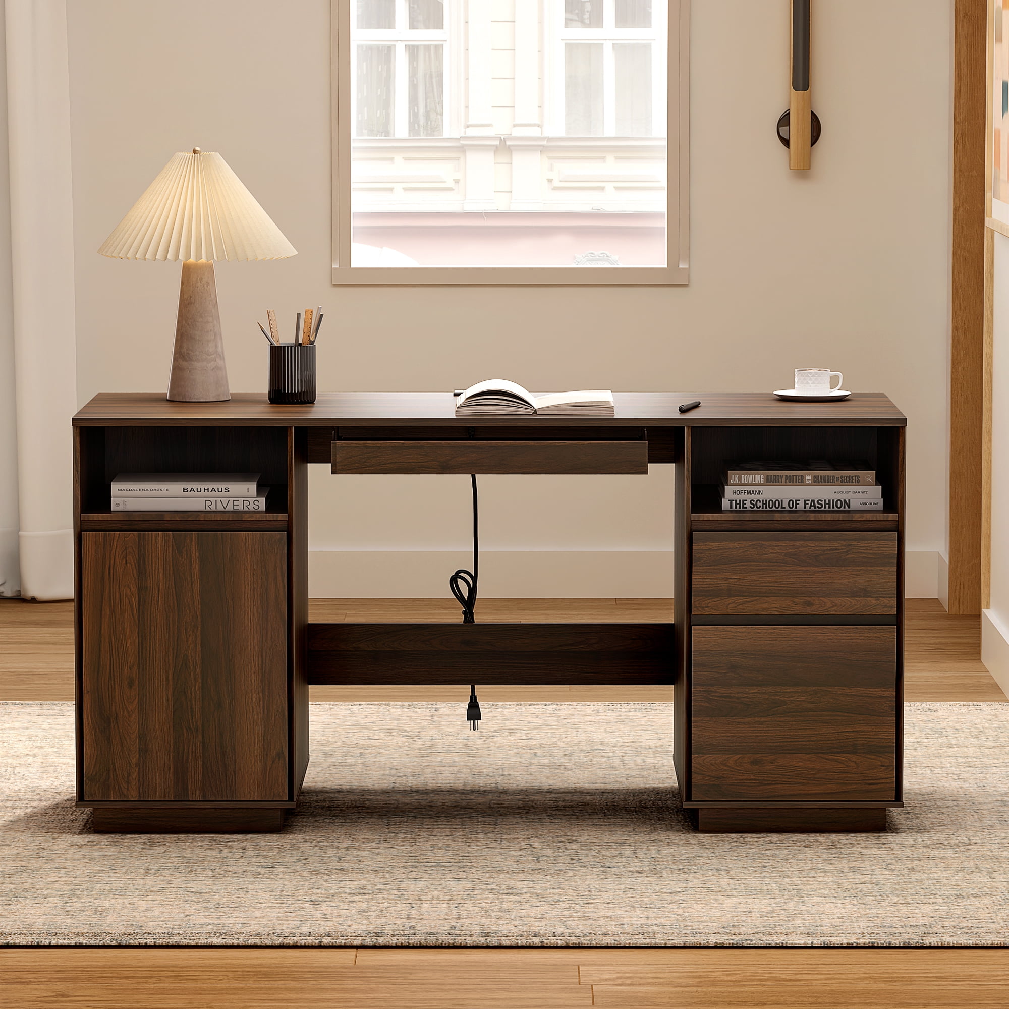 EYYTHUNG 59" Farmhouse Computer Desk, Wide Home Executive Desk with File Drawer & Open Storage & Power Outlet, Wooden Office Desk, Brown