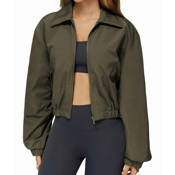 Womens Loose Cropped Jacket Zipper Windproof Warm Sports Outdoor Athletic Running Jacket Dark Army Green XL