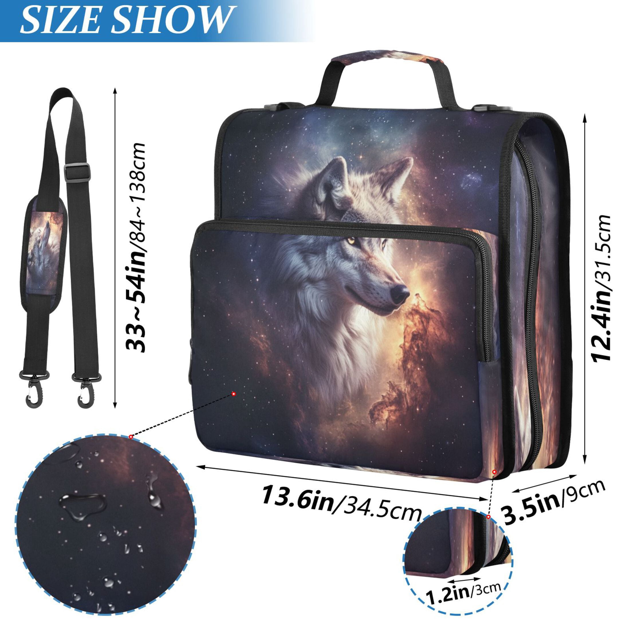 Water-Resistant 3-Ring Binder Organizer with Multiple Pockets Zipper Binder Bag for Office Majestic Wolf