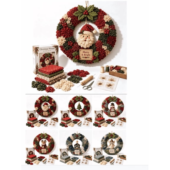 3D Fabric Poke Wreath DIY Kit – Multiple Styles to Choose, No-Sew Christmas Wreath Making Kit, Beginner-Friendly Fabric Art Craft for Door Decor Gift