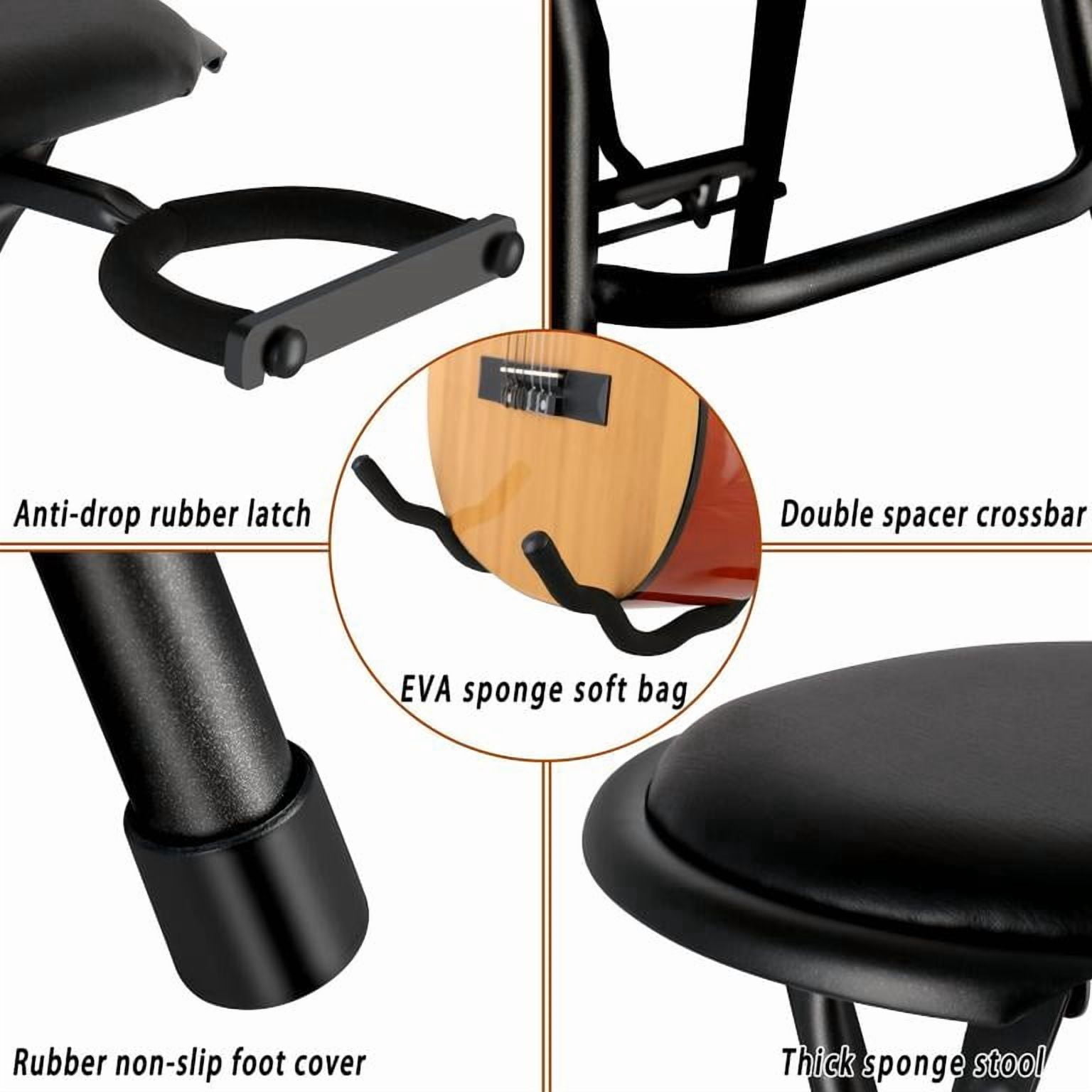 Dapmiu No Backrest Guitar Stool, Foldable with Built-in Stand, Retractable Hook, Faux Leather Padded Seat & Foot Rest, Heavy-Duty for Musicians