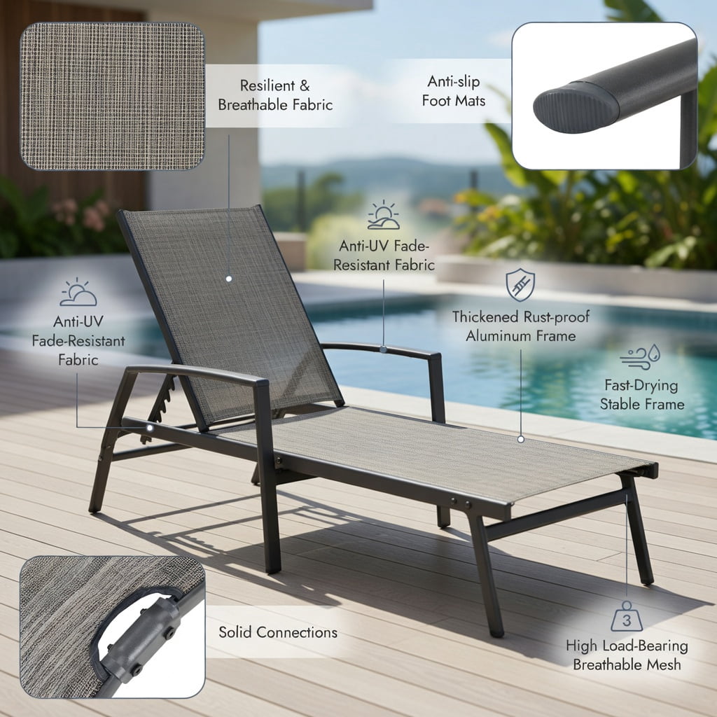 Hommoo Foldable Outdoor Chaise Lounge Chair with Adjustable Backrest & Footrest, Steel Frame, Breathable Fabric, for Patio, Poolside & Garden, Gray