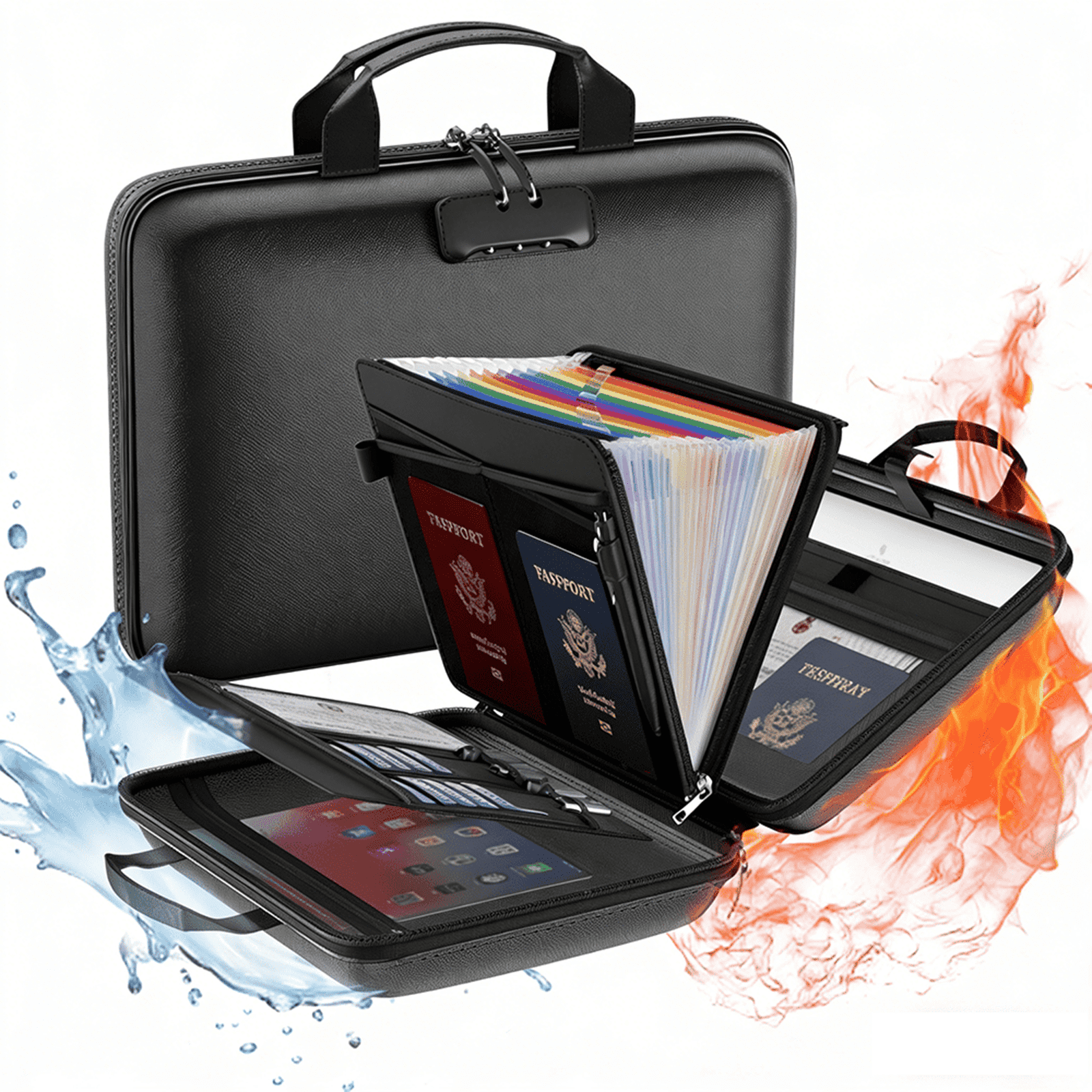 Djiypn Fireproof Accordion File Organizer with Lock,Hard Case Fireproof Document Box with 10 Pockets for Certificates, Passports Laptop Important Documents Portable Home Office Travel Safe Storage