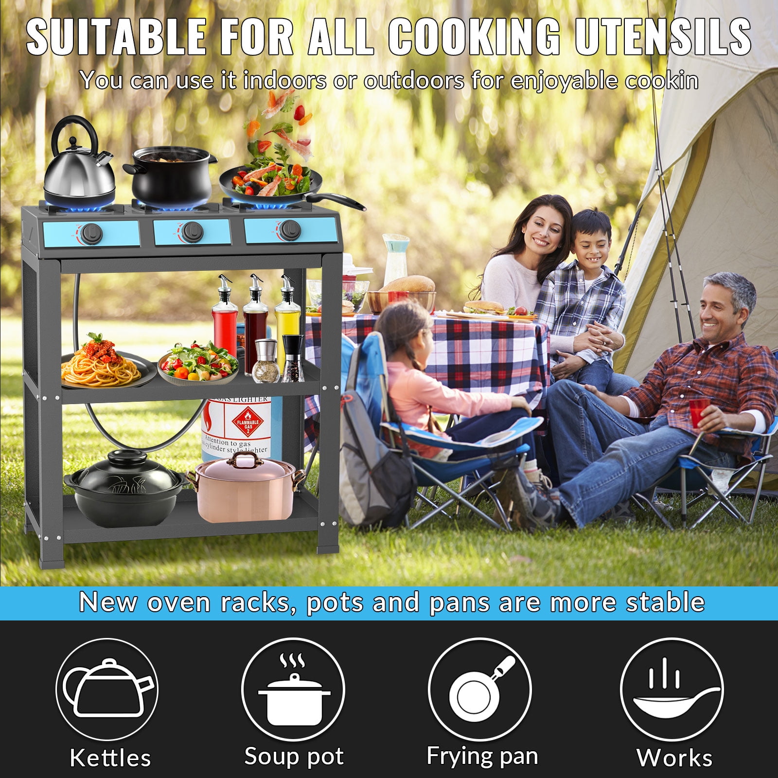 Propane Gas Stove-40000BTU Portable Gas Stove, with Removable Leg,Auto Ignition Camping Stove,3 Burner Propane Burner for RV, Apartment, Outdoor