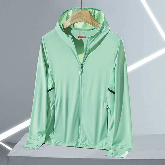 Qulqfy Women's Green Jackets Nylon Sun Protection Lightweight Workout Jackets Womens Zip Up Tops with Thumb Holes L