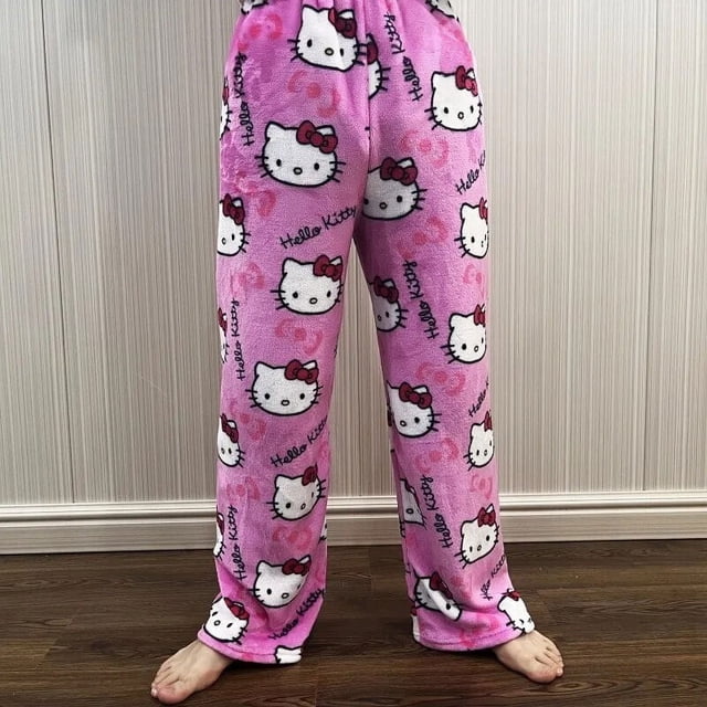 Sanrio-Pijama de franela de Hello Kitty para mujer, pantalones informales de lana cálida para el hogar, con dibujos animados, color rosa, para Navidad y Halloween, Otoño e Invierno xuanjing unisex