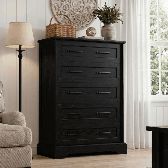 Homall Wooden 5 Drawer Dresser for Bedroom, Modern Chest of Drawers, Storage Cabinet Organizer with Metal Handles for Bedroom, Living Room and Closet, Black