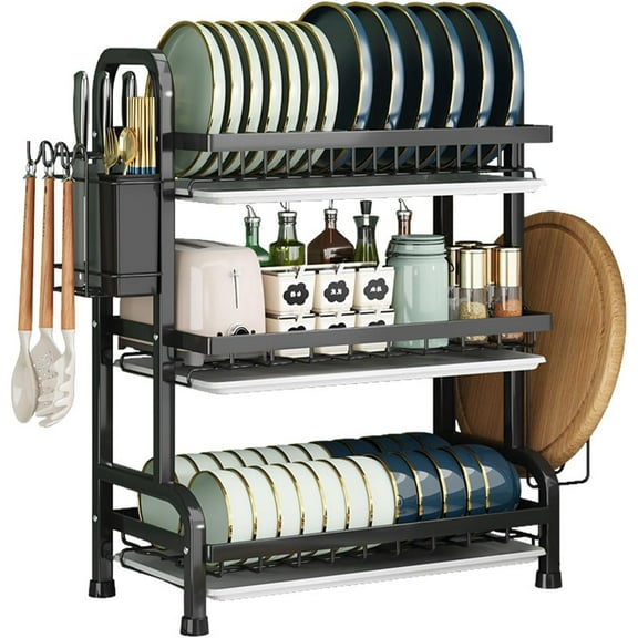 Lincordor 3-Tier Over Sink Dish Drying Rack, Stainless Steel Dish Rack with Draining Board, Space Saving Drying Rack for Small Kitchen, Holds 17  Dishes, Utensil & Knife Holder