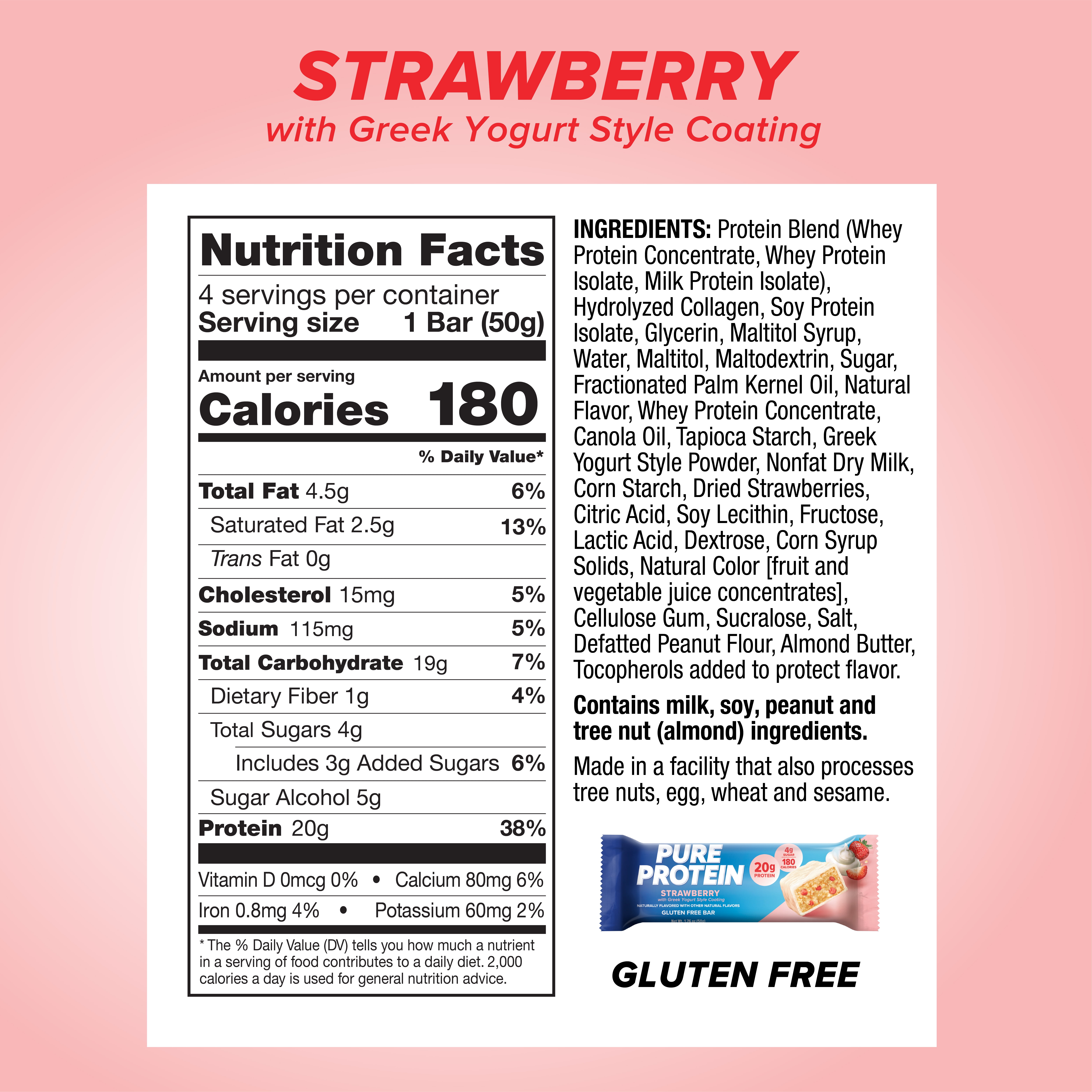 (3 pack) Pure Protein Bars, Strawberry Greek Yogurt, 20g Protein, Gluten Free, 1.76 oz, 4 Ct