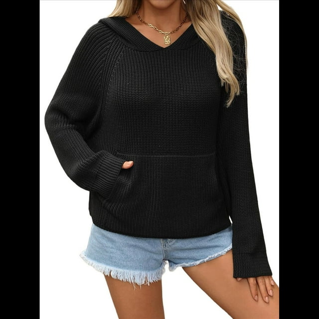 Suéter con Capucha Corta y Estampado de Estrellas para Mujer, Jersey de Punto con Bolsillo Tipo Canguro. Negro L