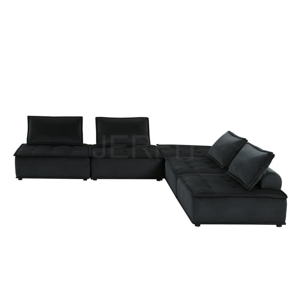 JERFIT Modern 5-Piece Black Velvet Sectional Sofa Set with Tufted Back and Reversible Chaise