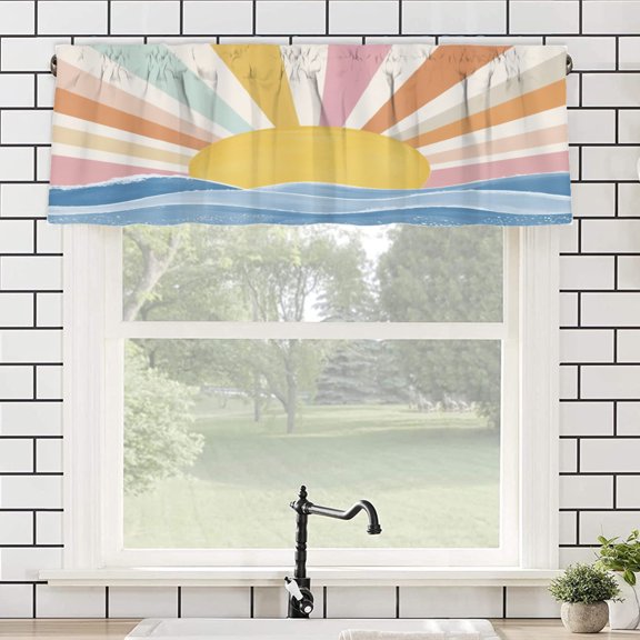 Remain Unique Pastel Rainbow Sun Ocean Rod Pocket Polyester Curtain Valance for Home Kitchen Bedroom Living Room Window Decor 54x18 inch