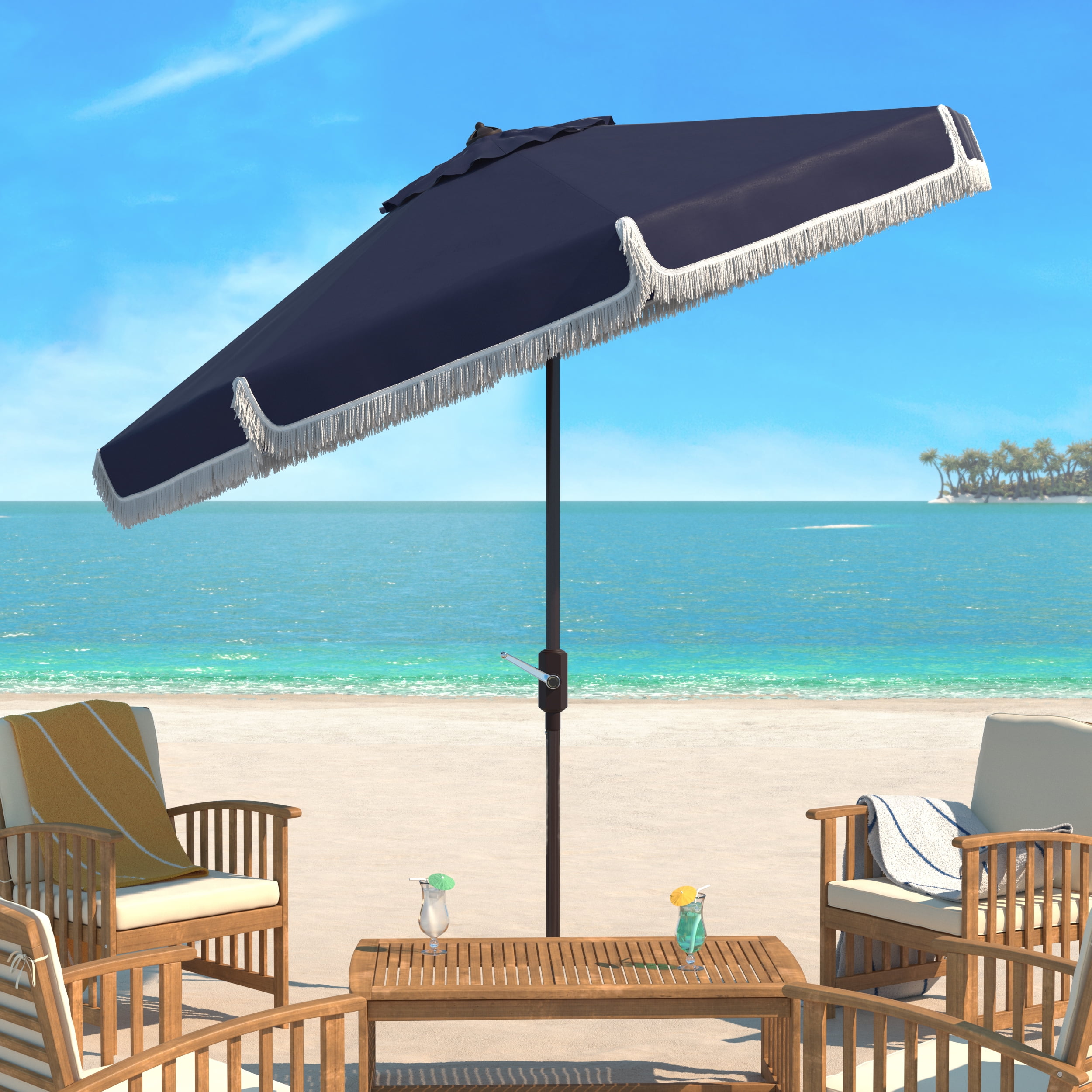 SAFAVIEH Outdoor Collection Milan Fringe 9-Foot Tilt Umbrella Navy/White