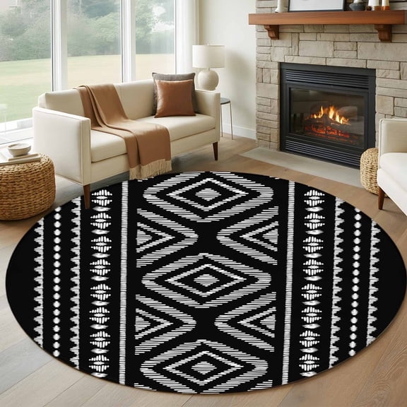 Black Bohemian Round Living Room Rugs 7 ft, Vintage Farmhouse Washable Area Rug with Non-Slip Sturdy Edge Binding Round Carpet for Kitchen Office Bedroom