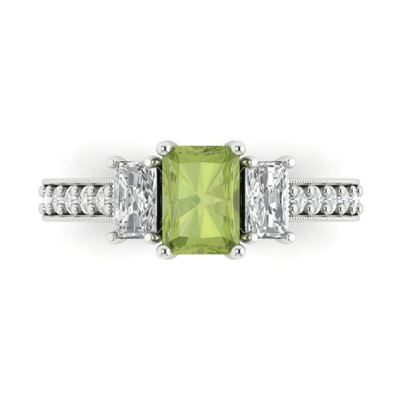 1.88 ctw 3 Stone Anniversary Ring for Women | Emerald Cut Natural Peridot | Hyperallergenic Solid 14K White Gold