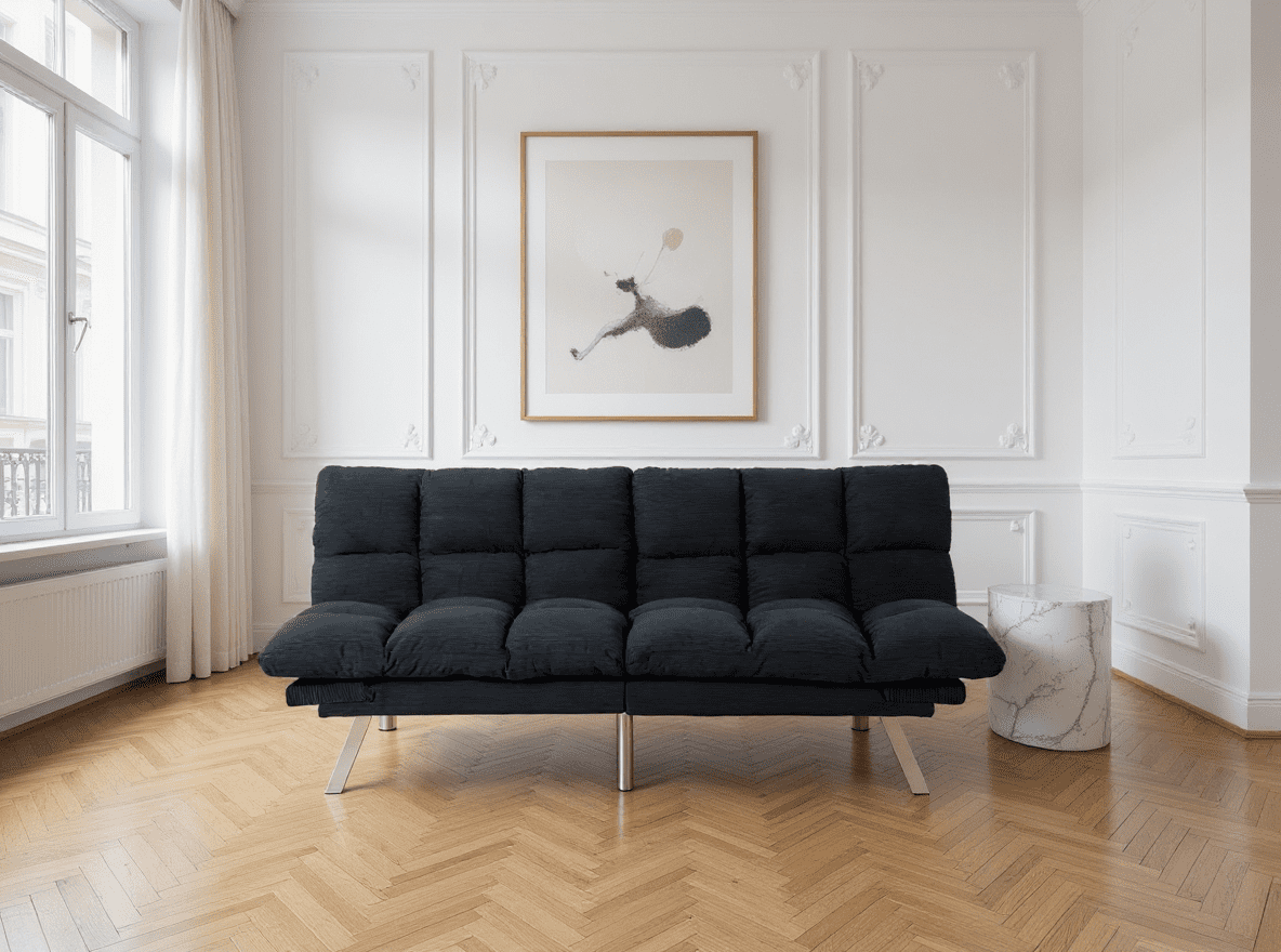 Gewnee 67.3 Inch Futon Sofa Bed, Corduroy Fabric Sleeper Sofa, Modern Loveseat for Apartments and Offices, Adjustable Backrest and Armrests.Black